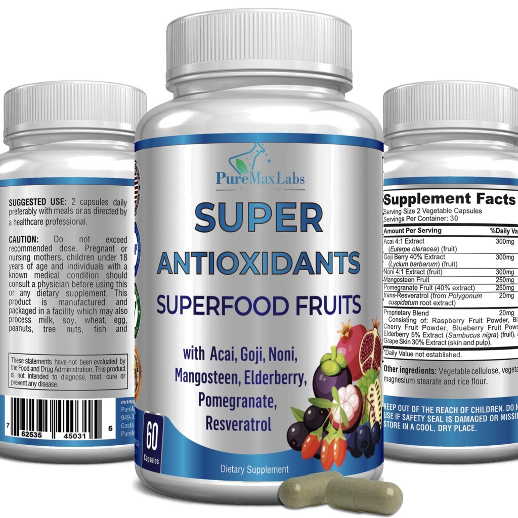 Super Antioksidant Fruit Superfood Complex - Kraftig Antioksidant Superfrukter, Acai, Goji, Noni, Mangosteen, Pomegranate, Elderbær, Resveratrol, Immunstøtte, Hudpleie - 60 Kapsler