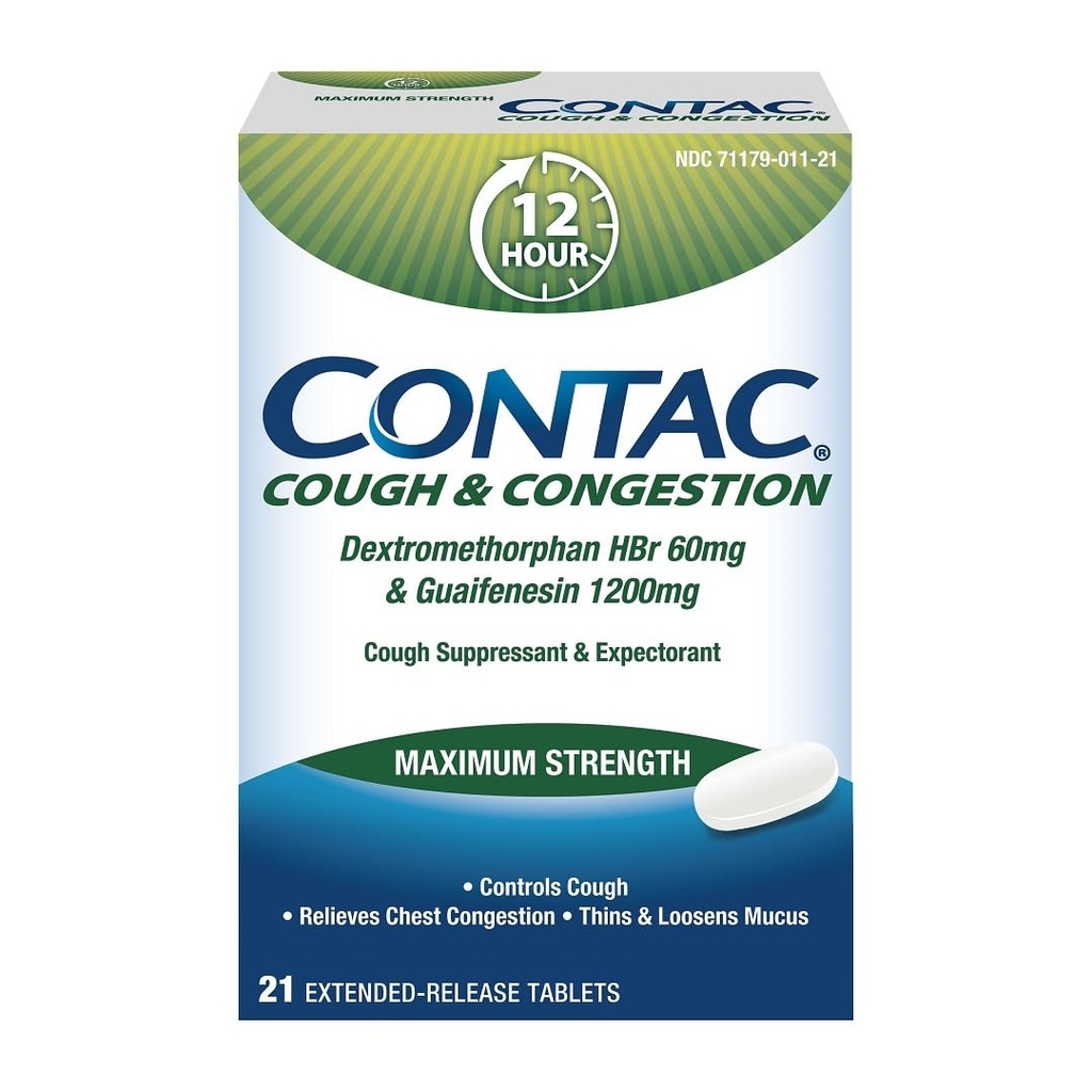 Contac Cough & Congestion Maks styrkekontroll Hoff, Tynner og Loosens Mucus, Guaifenesin & Dextromethorphan HBr, Extended Release Tabletter, 21 Count