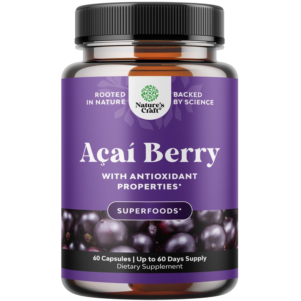 Natures Craft Acai Berry Antioksidant støtte vekttap Supplement for kvinner og menn - Vitaminer Mineraler Antioksidant Formula støtter immunsystem og økt energi kognitiv helse - 60 Services