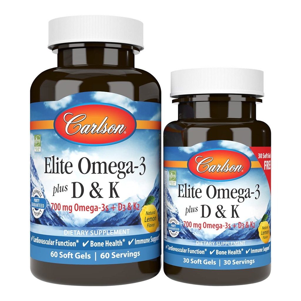 Carlson - Elite Omega-3 Plus D & K, 700 mg Omega-3s + D3 & K2, funksjon, Bone Health & Immune Support, Lemon, 60 + 30 Softgel