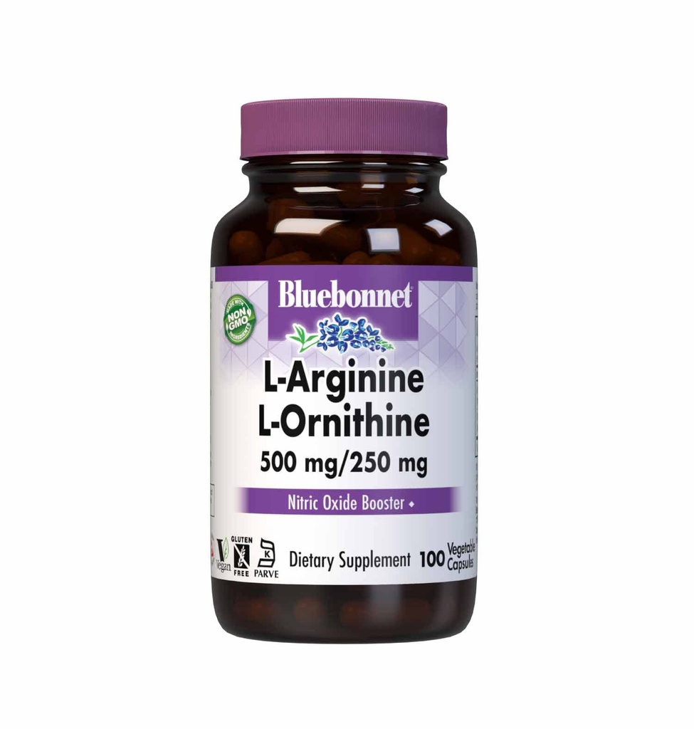 Blåbonnet Ernæring L-arginin 500mg/L-orinitin 250mg, støtter proteinmetabolisme*, soya-fri, glutenfri, ikke-GMO, Kosher Certified, Vegan, 100 Grønnsaker Kapsler