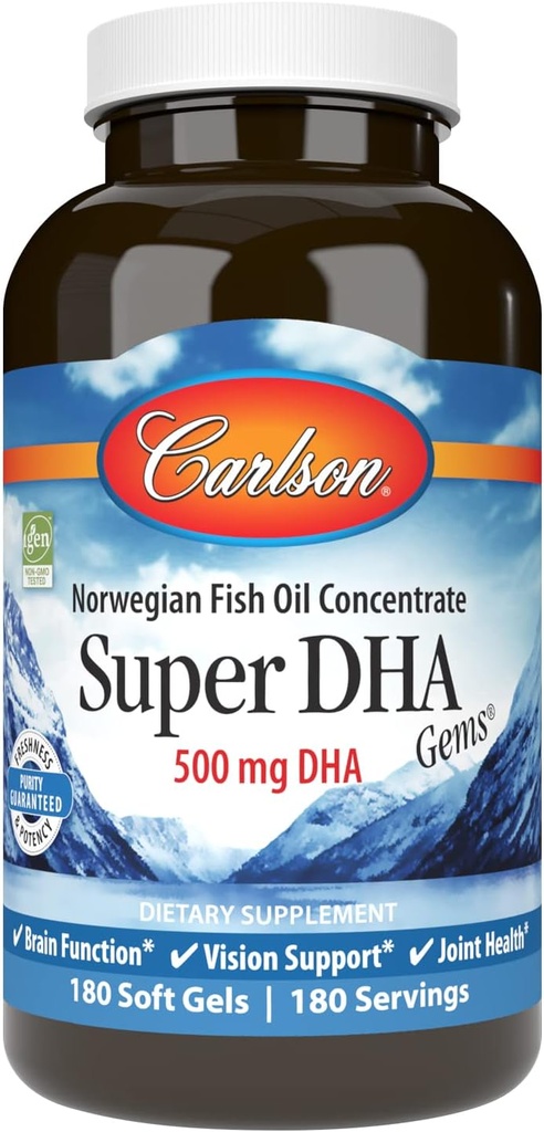 Carlson - Super DHA Gems, 500 mg DHA Supplements, 640 mg fettsyrer, Wild-Caught Norsk Arctic Omega 3 Fish Oil Supplement, Sustainablely Sourceed Fish Oil Capsules, 180 Softgels