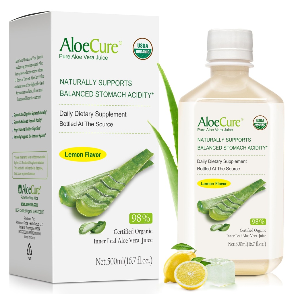 AloeCure USDA Organic Aloe Vera Juice Lemon Flavor - laget innen 12 timers høst - Naturlig digestiv supplement for balansert magesyre - støtte digestiv og immun helse - 1 Btl x 16.7oz