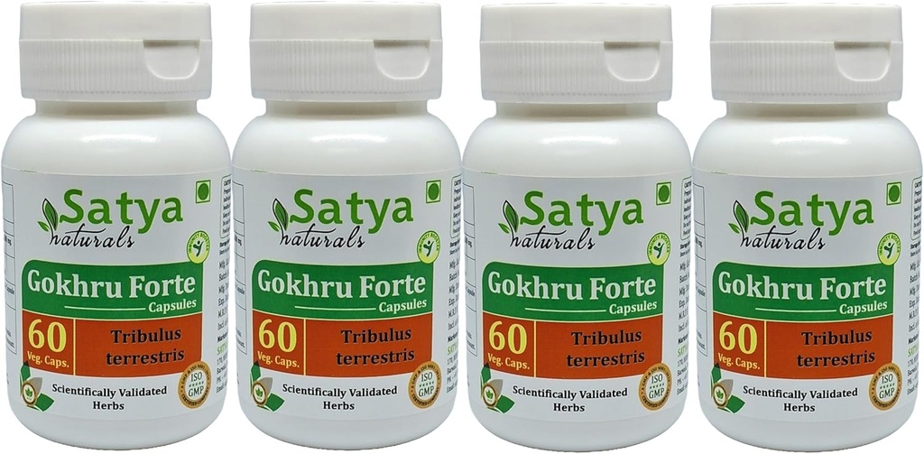 Gokhru Forte Kapsel 500 mg. 60 Veg. Kapsel | Gokharu (Tribulus Terrestris) Ekstrahere kapsler for menn og kvinner | Ayurvedic Herbal Supplement/Remedies | 10:1 Forte (4 flasker med 60 Kapsler)