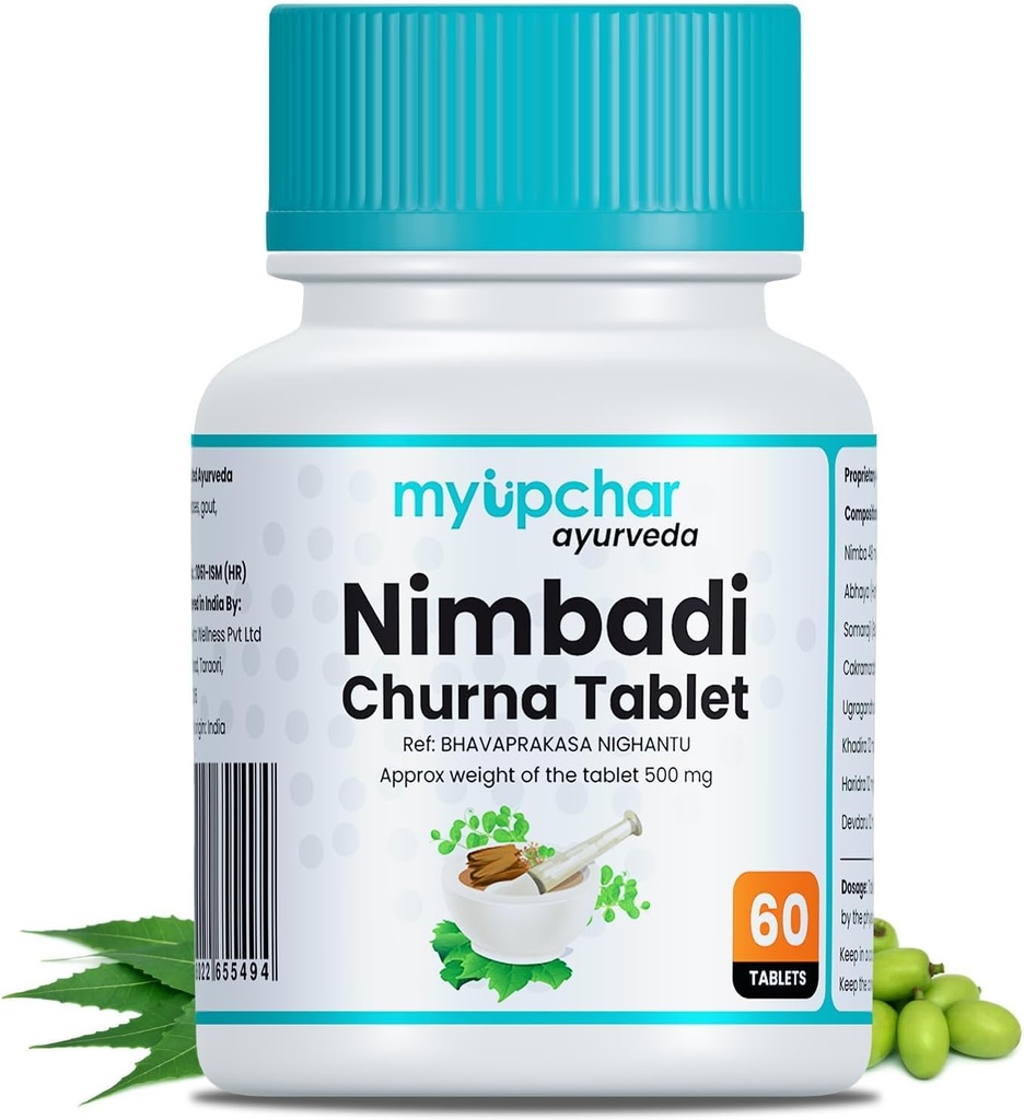 Generisk Ayurveda Nimbadi Churna tabletter for ren kropp og sunn hud, gratis fra kjemikalier, parabener, mineraloljer, eller petroleum (60 tabletter)