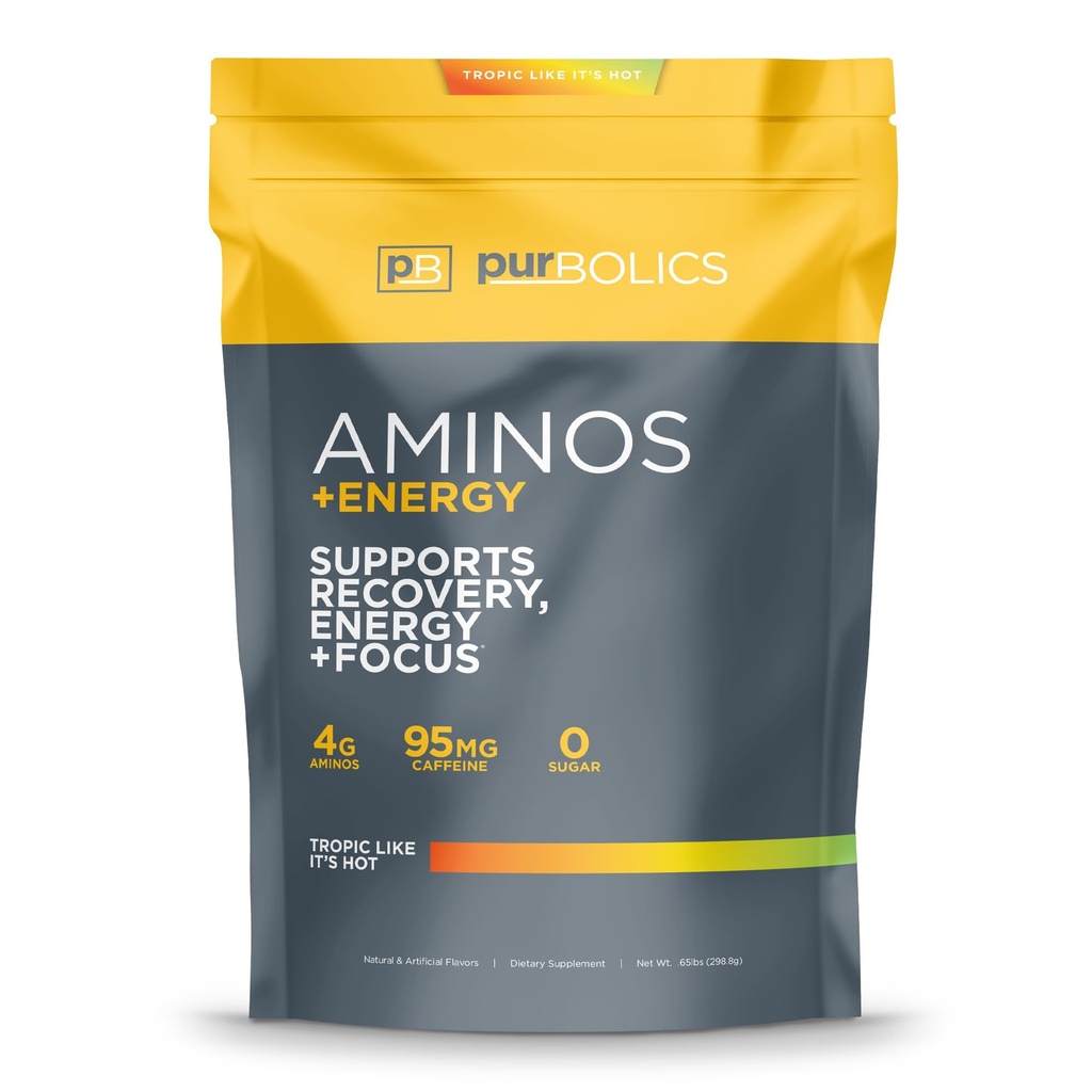 Purbolics Aminos + Energi | Støtter gjenoppretting, energi og fokus | 95 mg koffein, 0 sukker og 60 serveringer (tropic som det er varmt)