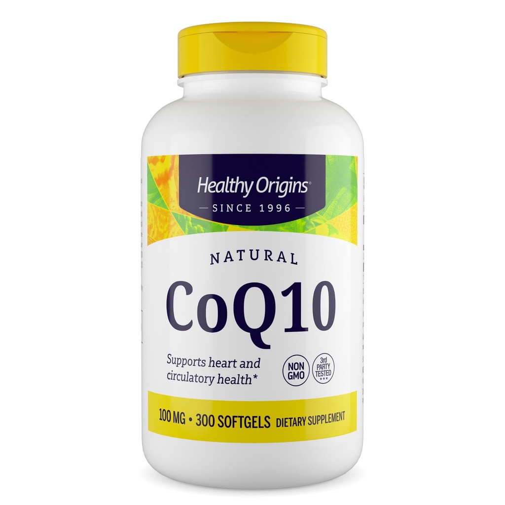 Sunn Origins® CoQ10 100 mg – Naturlig transisomer Ubiquinon – Yeast Fermented, støtter hjerte helse og celleenergi – ikke-GMO 300 Softgels