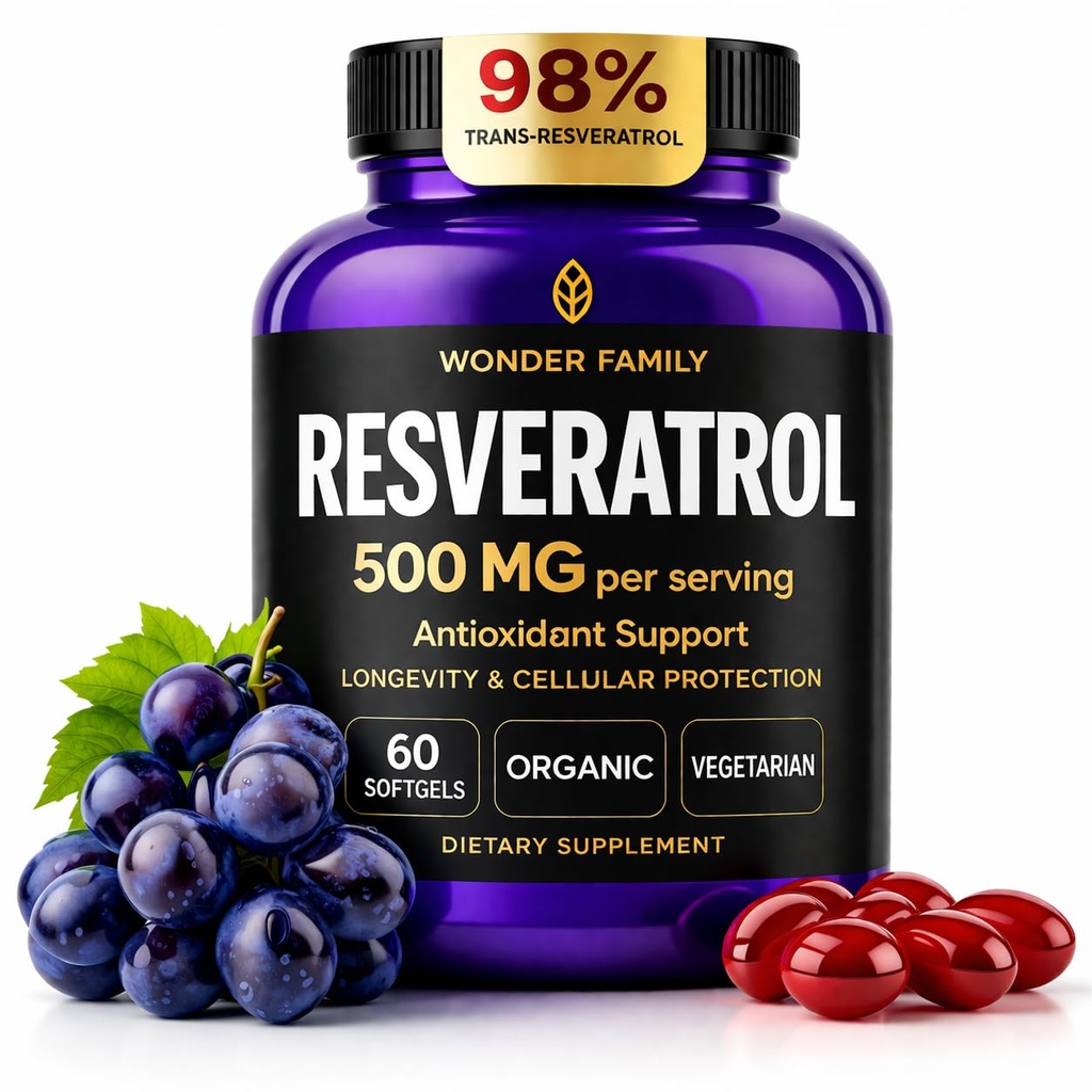 Resveratrol Supplement 500mg – 98% Trans Resveratrol 1000mg Organic Complex – NAD Resveratrol Antioksidanter & Anti Aging Supplement for hjerte helse, minneløft, wellness formel, sunn celle støtte