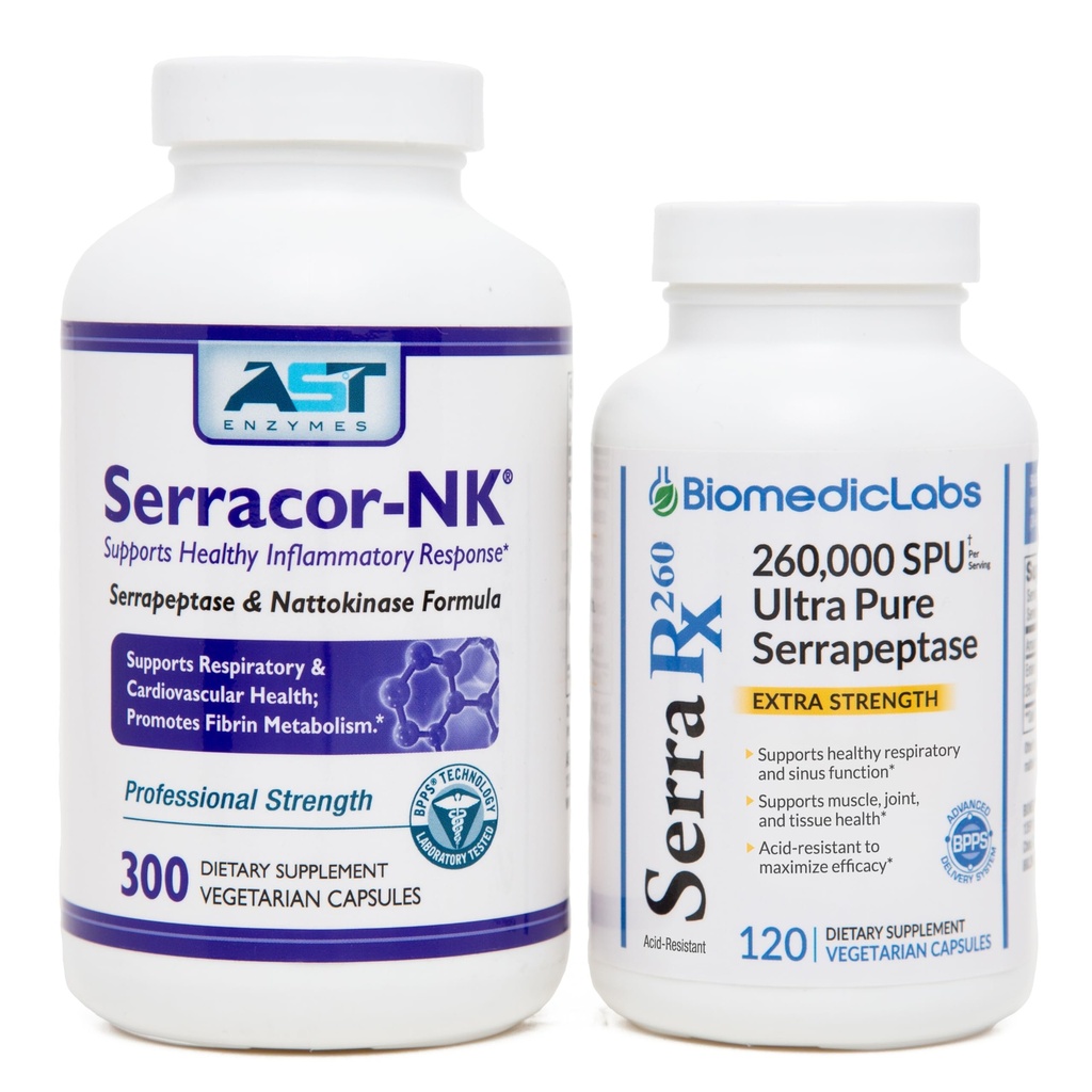 Serracor-NK (300) & Serra-RX 2600.000 SU (120)- Scar Veske Bundle - Acid-Resistant Serrapeptase Proteolytisk Systemisk Enzym