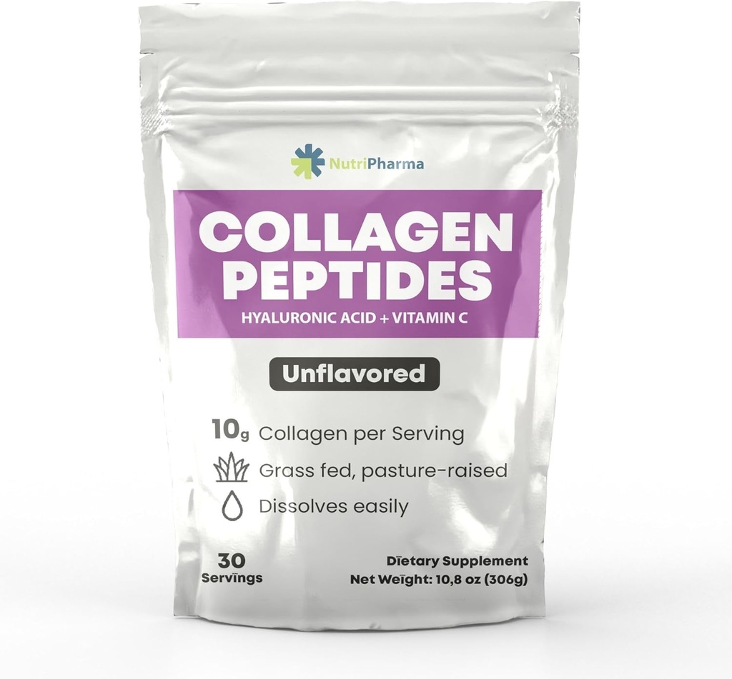 Samlaget Peptider pulver med hyaluronsyre og vitamin C, fremmer hår, negl, hud, bein og felles helse, uflavorert kollagenprotein pulver, 30 serveringer, 10,8 oz