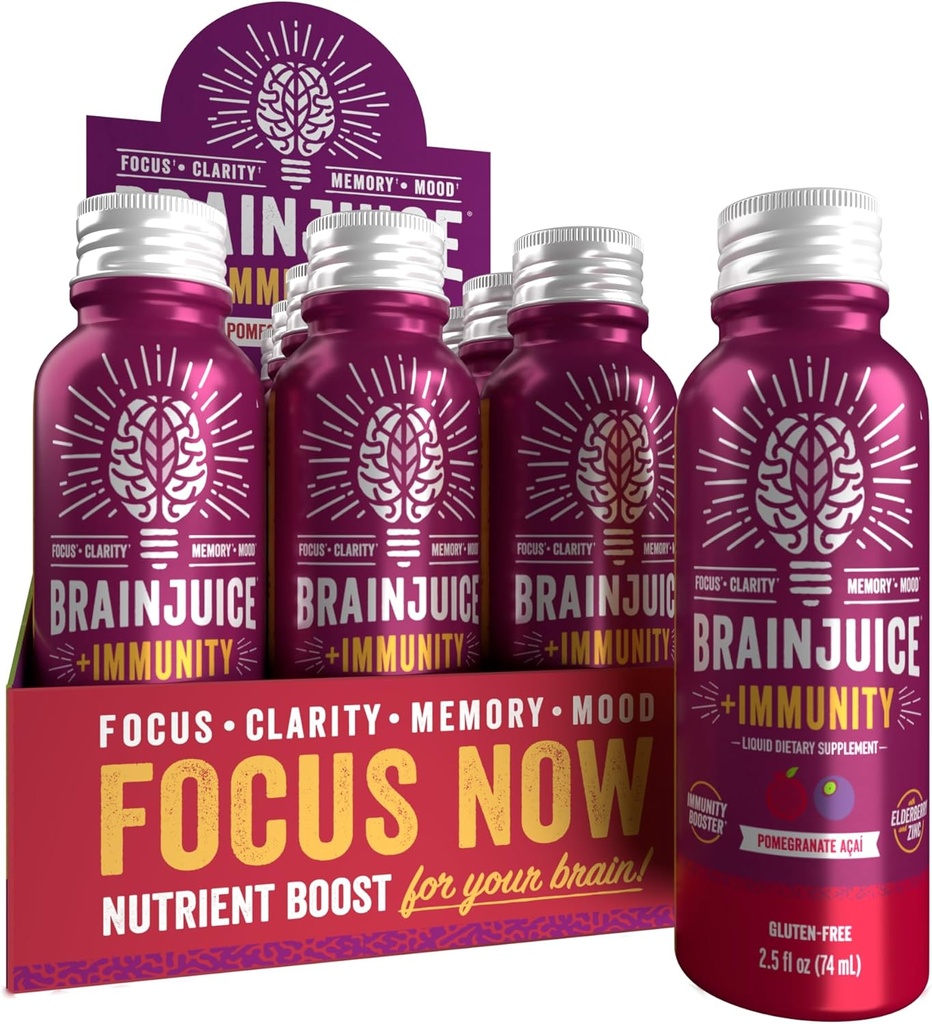 BrainJuice Hjerne og immunstøtte Shot, Glutenfri Supplement Shots for energi, Fokus, Immunitet med vitamin D, C B, Alpha GPC & Organic Ginger Root, Pomegranate Acai, 2,5 floz, 12 Pack