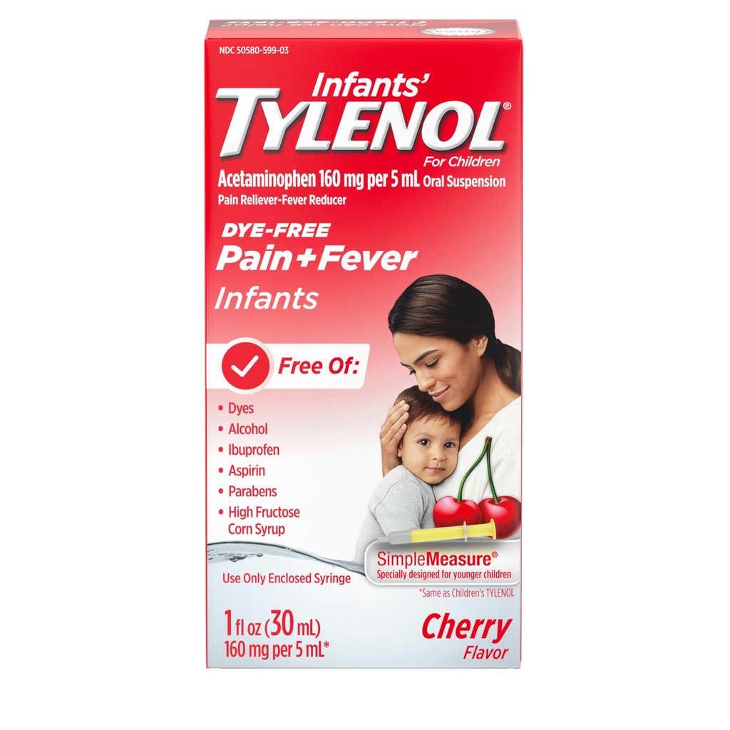 Infanter tylenol oral suspensjon flytende medisin med acetaminophen, babyfeber Reduser & smertestillende for mindre smerter og smerter, Sore Throat, hodepine og tannsmerter, Dye-fri Cherry, 1 fl oz