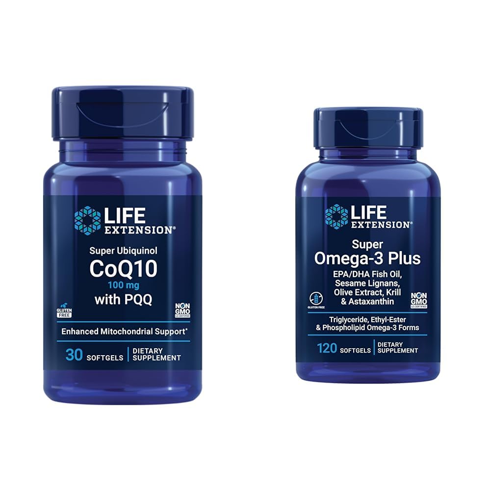 Life Extension Super Ubiquinol CoQ10 med PQQ, CoQ10, PQQ & Super Omega-3 Plus EPA / DHA Fiskeolje, Sesame Lignans