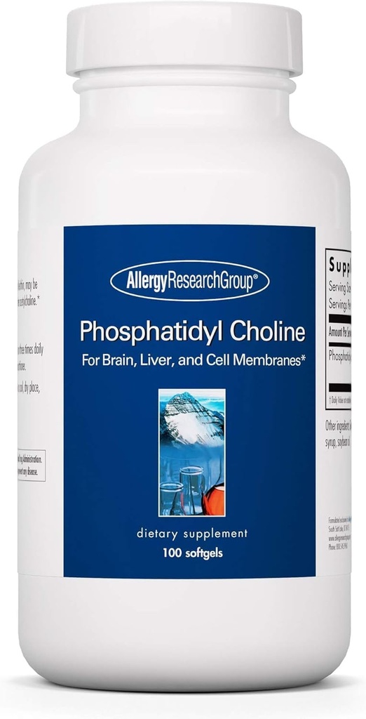Allergi Research Group Fosfadityl Choline - Fosfamiditylkolin Kosttilskudd for hjerne og lever helse, Soy Lecithin ekstrakt for fokus og minne, 385mg per kapsel - 100 Softgels