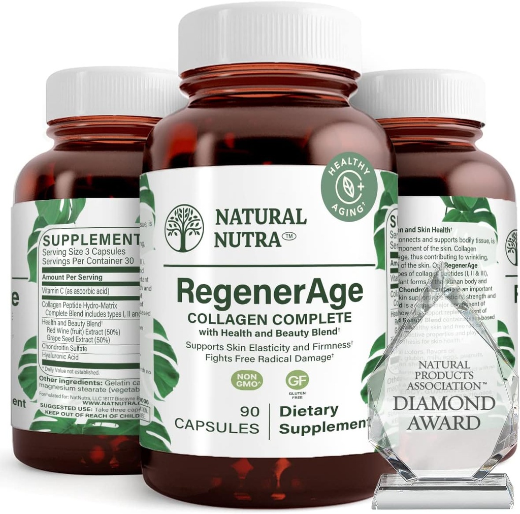 Naturlig Nutra RegenerAge komplett kosttilskudd for hudhelse med proteinpeptider, Redusere strekkmerker, bidrar til generell helse, vitamin C, kornfrø rødvin ekstrakt, Glutenfri, 90 kapsler.