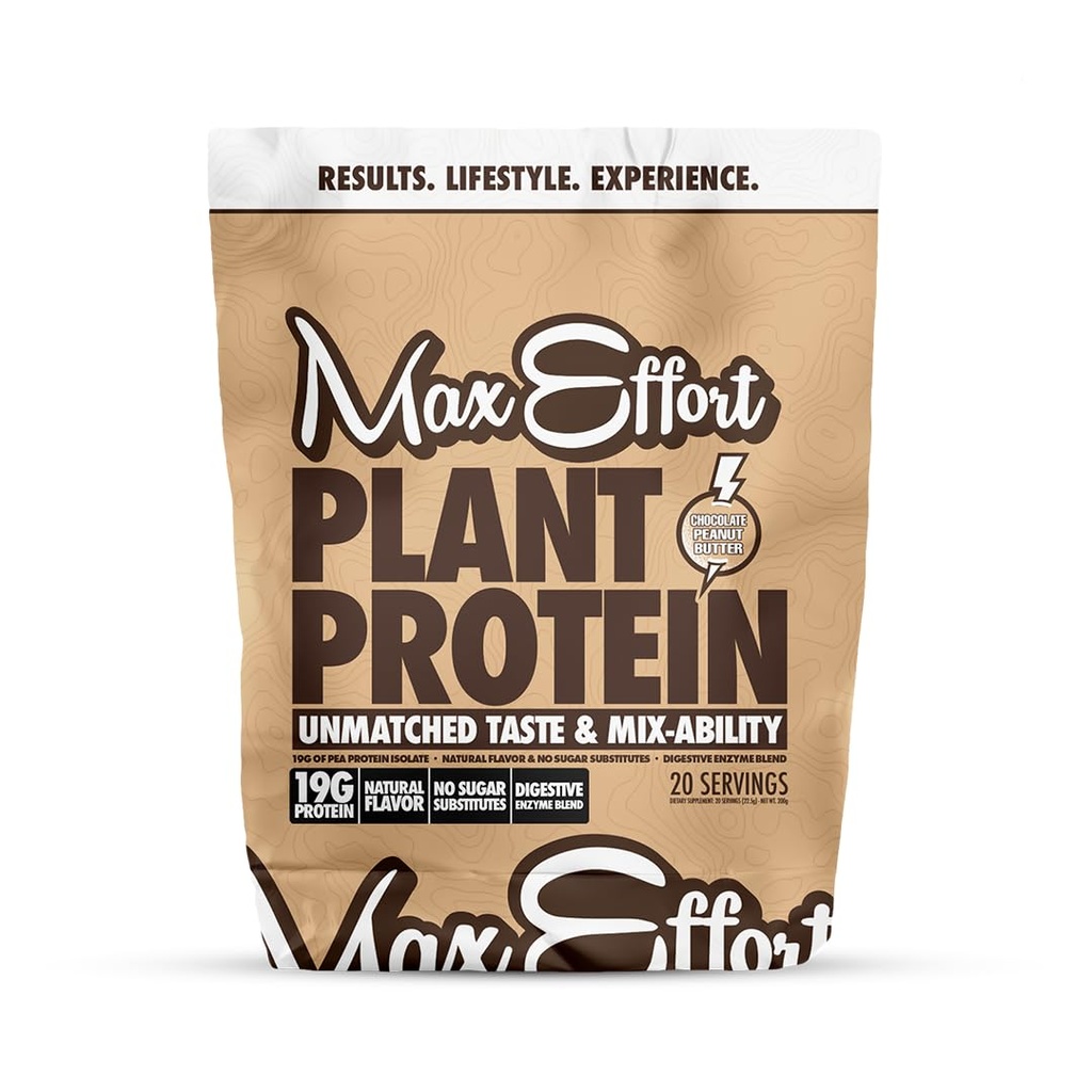 MAX EFFORT Plante Protein pulver, 19 G Pea Protein, Plante Basert, Glutenfri, Lav karbohydrat, Protein Shake eller Smoothie Blande, Måltid Erstatning, Ingen Whey, Ingen sukkersubstituter, Sjokolade Peanut Smør, 20 Srvg