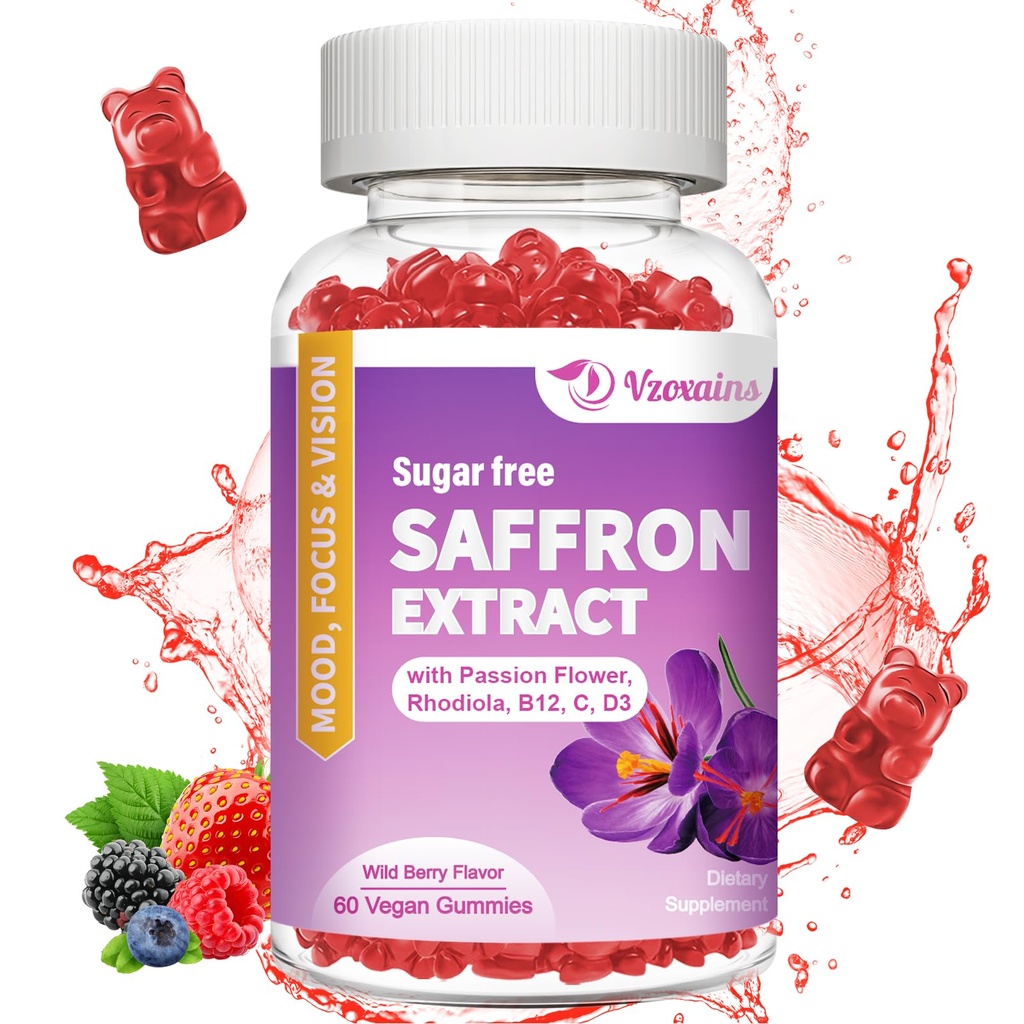 Saffron Gummies, 10 i 1 Saffron Kosttilskudd Gummier med magnesium, Ashwagandha & Rhodiola Rosea, Sukkerfri Vegansk Blandet Berry Flavor - 60Cts