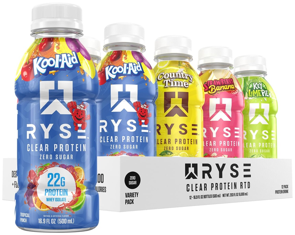 RYSE Clear Protein Drink - Variety Pack - 100 kalorier, 22g Whey Isolate Protein Shake, Sukkerfri, 0g Fett & Laktose-Free - Forfriskende Ready-to-Drink drink - 16,9 fl oz flasker (12-Pack)