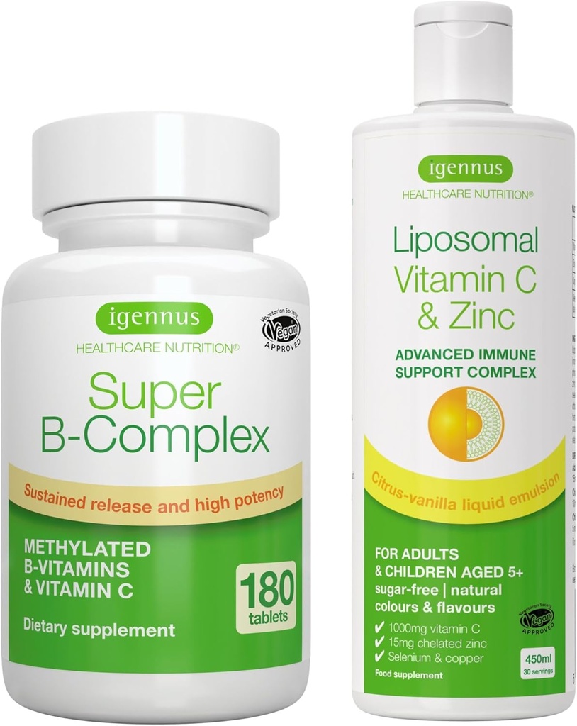 Super B-Complex + Liposomal Vitamin C 1000mg & Zinc Vegan Bundle, Metylert frigjøring B Kompleks & høy absorpsjon flytende immunstøtte kompleks, av Igennus