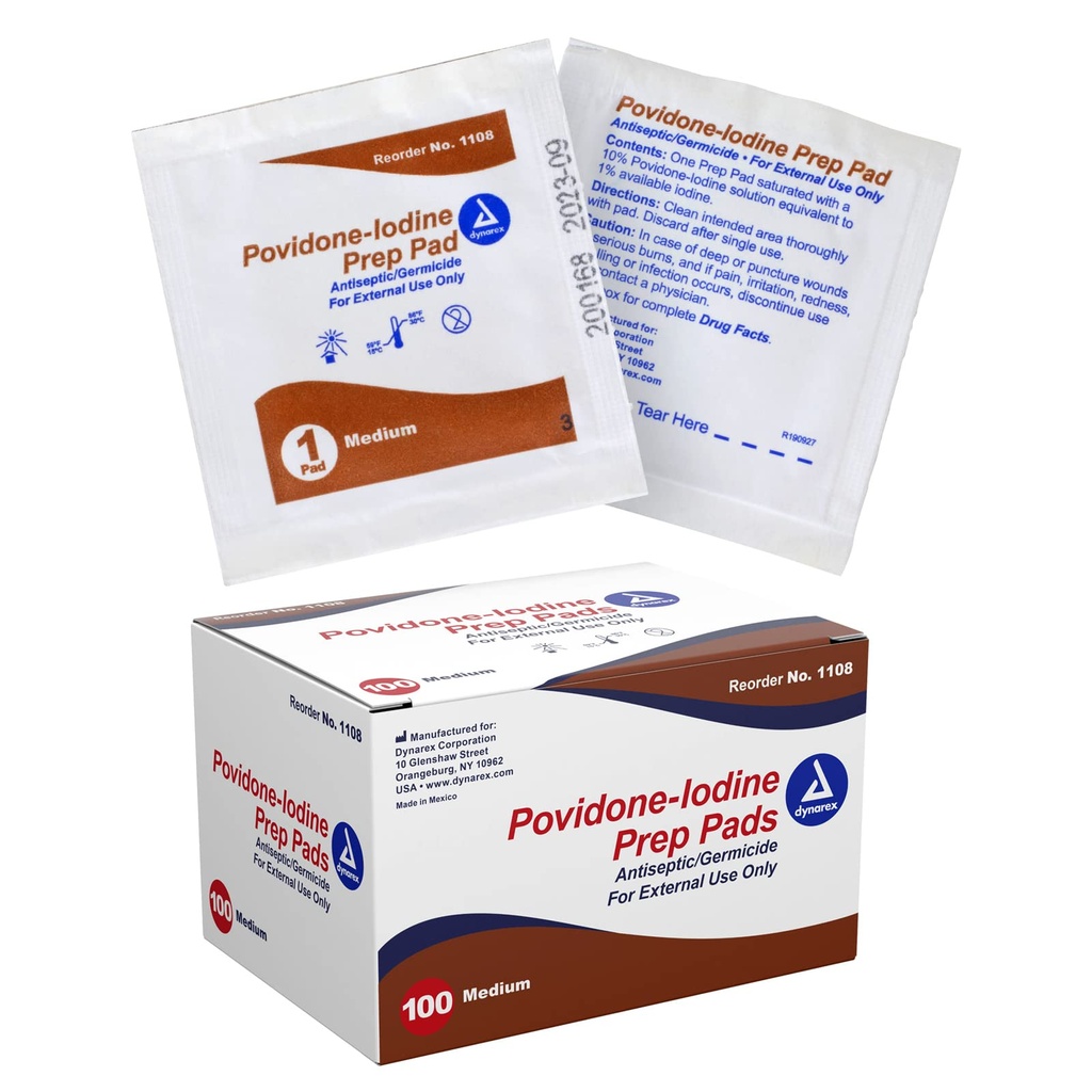 Dynarex Povidon-Iodine Prep Pads, saltet med Povidon jodin 10%, medisinsk-grade antiseptiske tørker brukt til prepping tidligere mindre prosedyrer, medium, 1 tilfelle av 100 Prep Pads