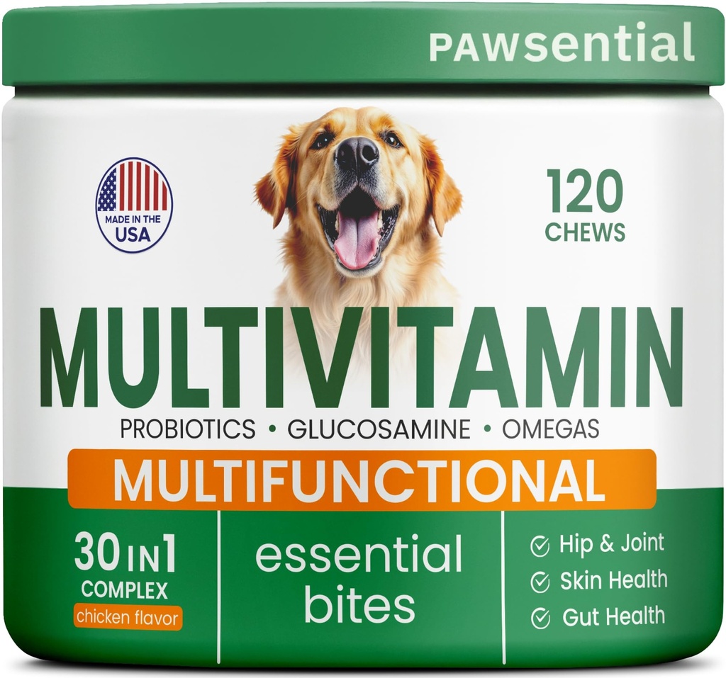 Hundevitamin + Glukosamin - Chewable Multivitamins + Probiotika, Omega - Hip & Joint Support, Skin & Coat, Gut Helse - Voksen & Senior - Stor & liten avl - 120 Chews