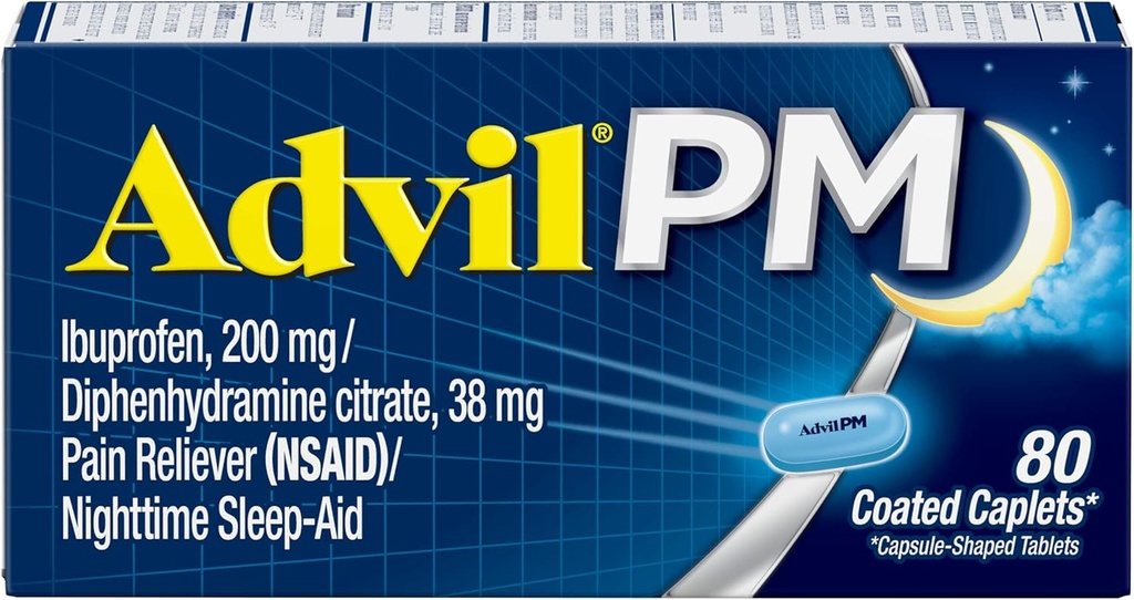 Advil PM smertefri og natt søvnhjelp, smertemedisin med ibuprofen for smertelindring og difenhydramincitrat for en søvnhjelp - 80 greve (pakke med 2)