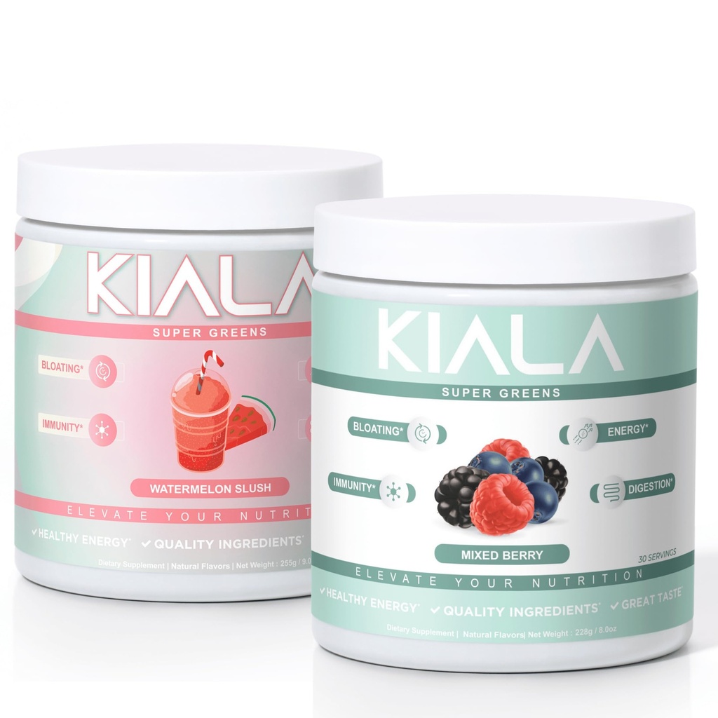 Kiala Ernæring Super Grønn, Organisk Grønn pulver, Spirulina & Klorella Superfood pulver, Sukker & Glutenfri Vegan, Spectra Blande, Vannmelon & Blandet Berry 2 Pack