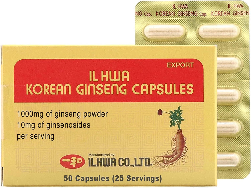 ILHWA Korean Ginseng Capsule (500 mg * 100 kapsler, 50 serveringer) - 500 mg 100% ren koreansk Panax Root Powder. Ginsenoside 10 mg per servering.