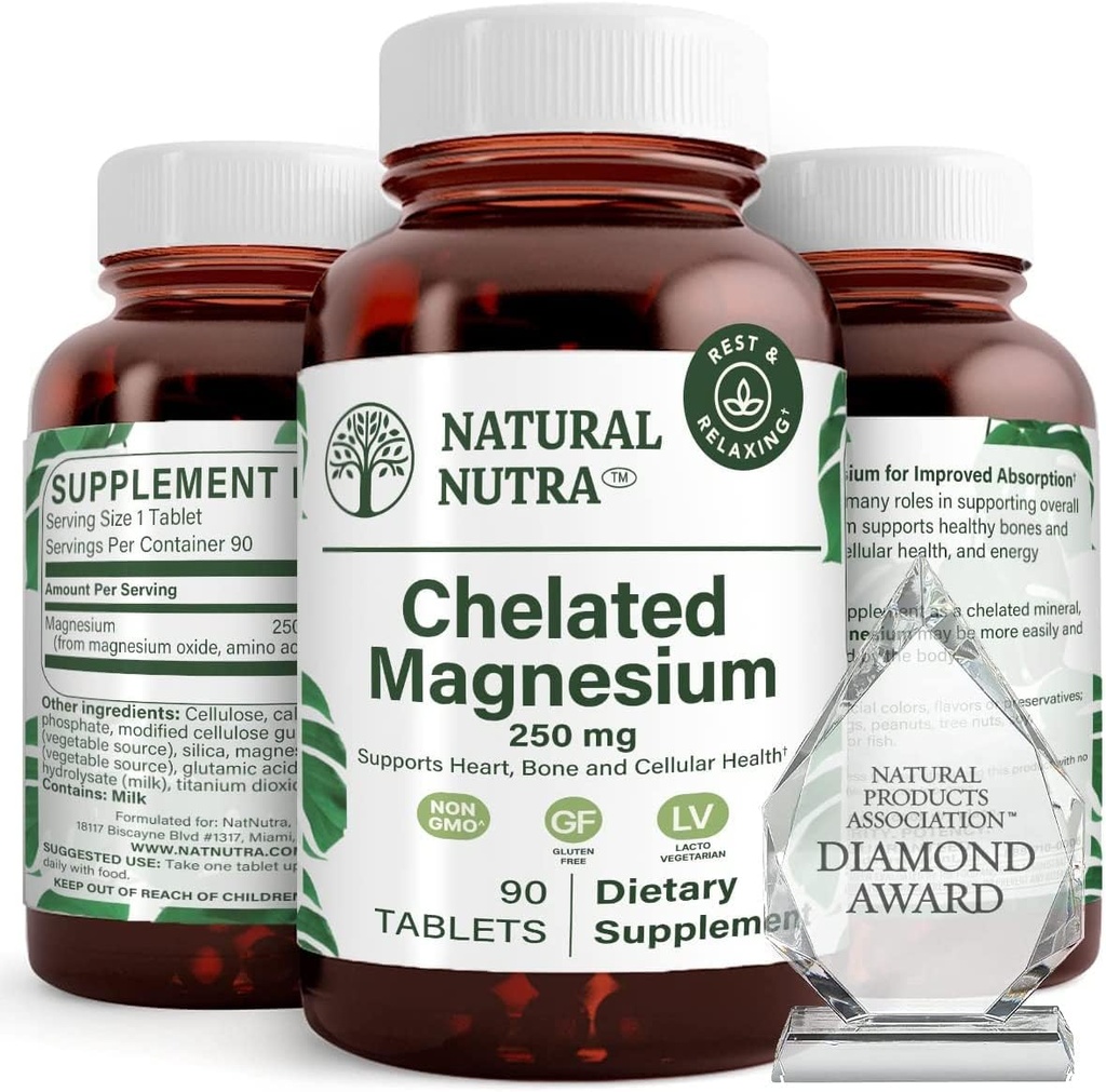Naturlig Nutra Chelated Magnesiumoksid 250 mg - høy absorpsjon for sterke ben, hjertehelse, energiforsterkning, glutenfri, ikke-GMO, 90 tabletter (3 pakke) i BPA-fri resirkulerbare glassflasker