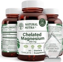 Naturlig Nutra Chelated Magnesiumoksid 250 mg - høy absorpsjon for sterke ben, hjertehelse, energiforsterkning, glutenfri, ikke-GMO, 90 tabletter (3 pakke) i BPA-fri resirkulerbare glassflasker