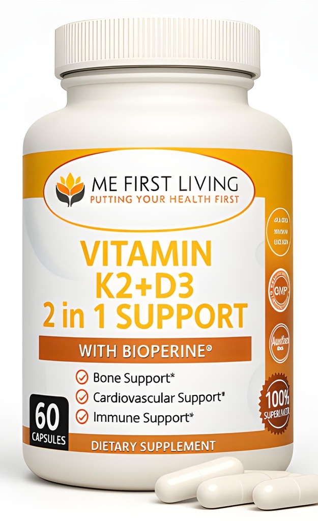 Jeg første levende vitamin D3 K2 Supplement Bone og hjerte Helse Ikke-GMO Formula 125 MCG Vitamin D3 & 100 MCG Vitamin K2 MK-7 Lett å Svelge vitamin D & K Kompleks med kalsium