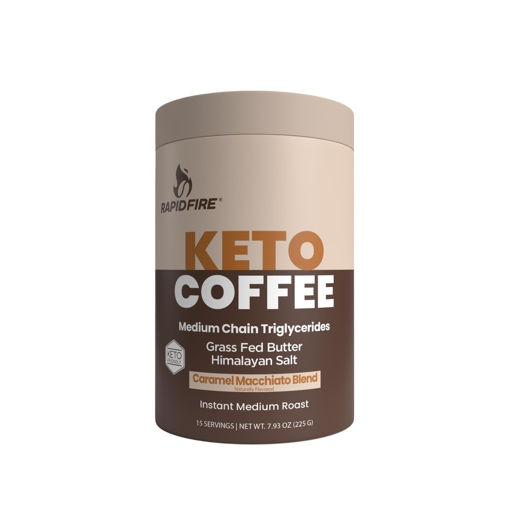 Rapidfire Keto kaffe Instant Coffee Mix, Caramel Macchiato Flavor, 7.93 Ounce (255g), 15 Serveringer