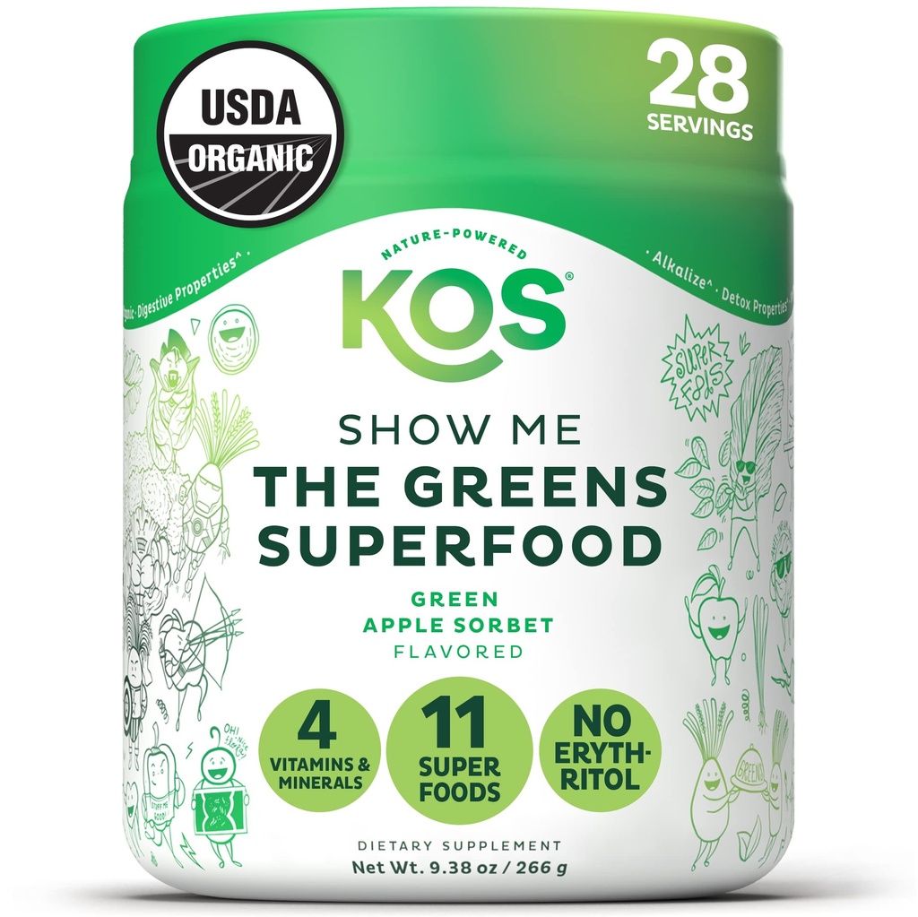 KOS Organic Super Greens pulver erytritol gratis - Plant Basert Superfood Blande med Spirulina, Chlorella & Wheatgrass - USDA Certified Organic, Grønn Juice Smoothie - Apple Flavor - 28 Serveringer