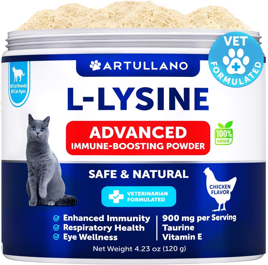 L-Lysine for katter - Lysine pulver Supplement - 900mg / reservasjon - Immun støtte for katter og katter - Sneezing, Runny Nese, Squinting, Vannige øyne, kalde, øyefunksjon, pustende helse - med Taurine