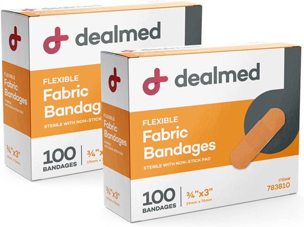 Dealmed Fabric Fleksibel klesmerke Bandages – 100 greve (2 Pack) Bandages med ikke-stiv pad, lateks gratis, sår omsorg for førstehjelpssett, 3" x 3/4"