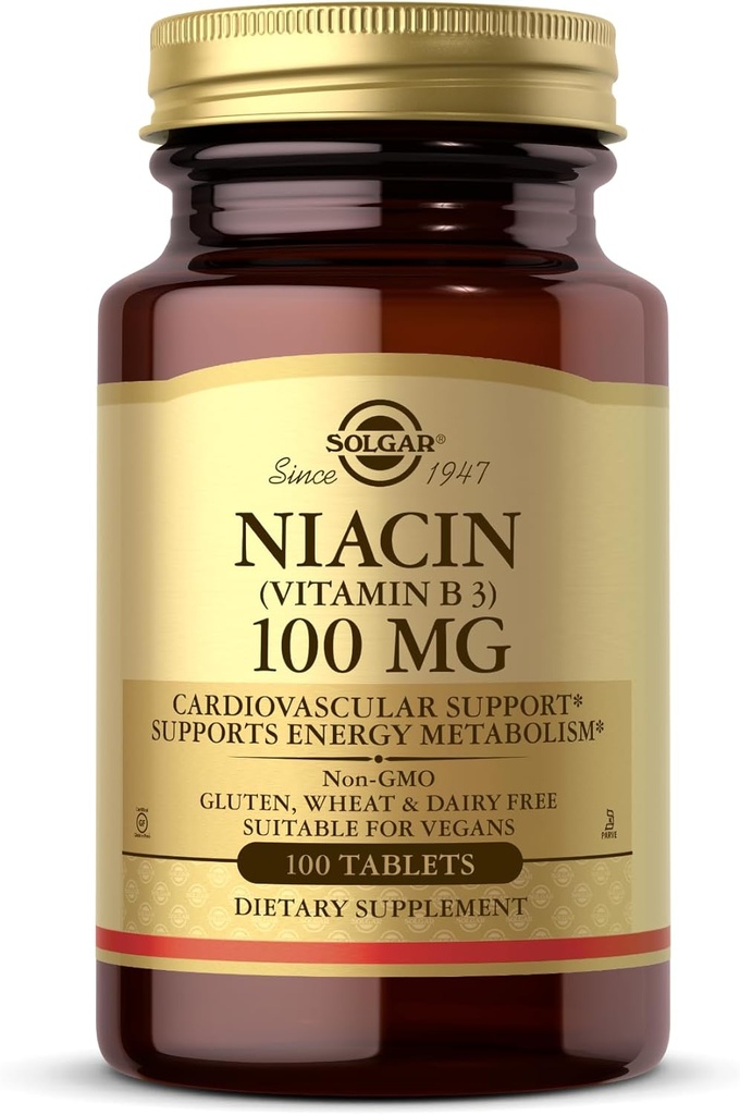 Solgar Niacin (Vitamin B3) 100 mg - 100 tabletter - støtter energimetabolisme - ikke-GMO, Vegan, Glutenfri, Dairy Free, Kosher - 100 Services