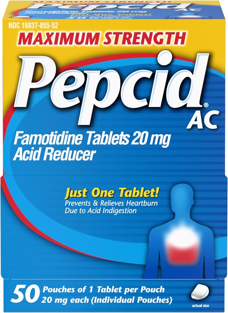 Pepcid AC Maksimal styrke Heartburn Relief Tabletter, OTC medisin forhindrer og lindrer Heartburn & syre Reflux på grunn av syreforedling, 20 mg Famotidinsyre Reducer, Fast-Acting, 1 x 50 ct