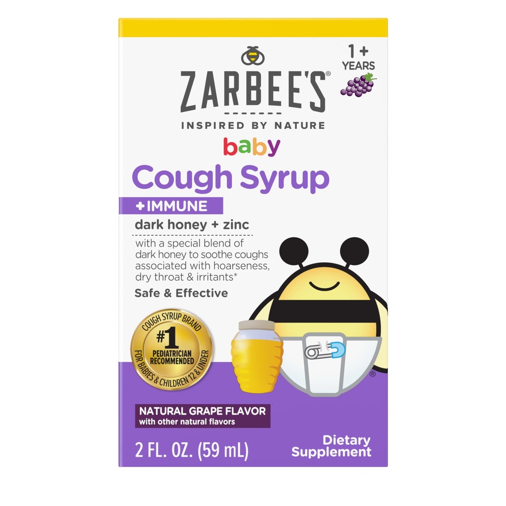 Zarbee baby honning Cough Syrup + Immune for babyer 12-24 måneder, sikker og effektiv Cough Syrup med beroligende mørk honning og sink for immunstøtte *, narkotika og alkohol-fri, Grape, 2 fl Oz
