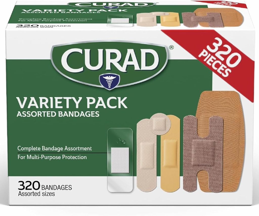 CURAD Assortert Bandages Bulk Variety Pack 320 greve 5 stiler inkludert vanntett, skinne, plast, tunge plikter og Flex-Fabric First Aid Kit Essentials beskytter Scrapes, Cuts & Burns