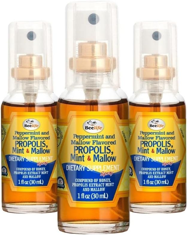 Beelife Propolis Throat Spray - Sotende Honning, Mint & Malva Propolis Spray - Naturlig immunologisk støtte & Sore Throat Relief - Bee Propolis - Antioksidanter, Flavonoider og Artepillin C, Glutenfri - 3-Pack