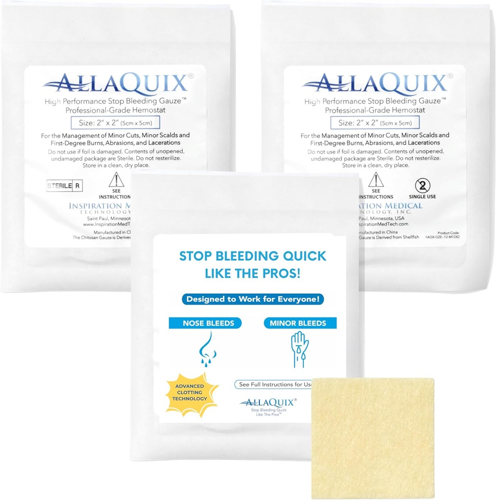 Høy ytelse Slutte blødning Gauze Pads – 3-Pack (2"x2") | Hemostatisk sårkjole for kutt og førstehjelpssett | Sterile, Drug-free, Fast Cloting Pads