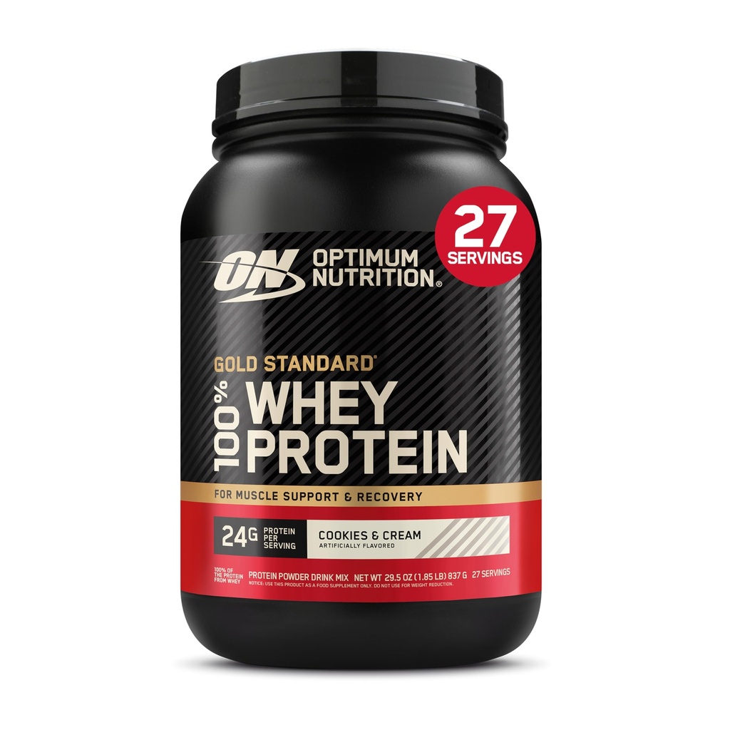 Optimum Nutrition Gold Standard 100% Whey Protein pulver, informasjonskapsler og krem, 2 pund (Packing May Vary)