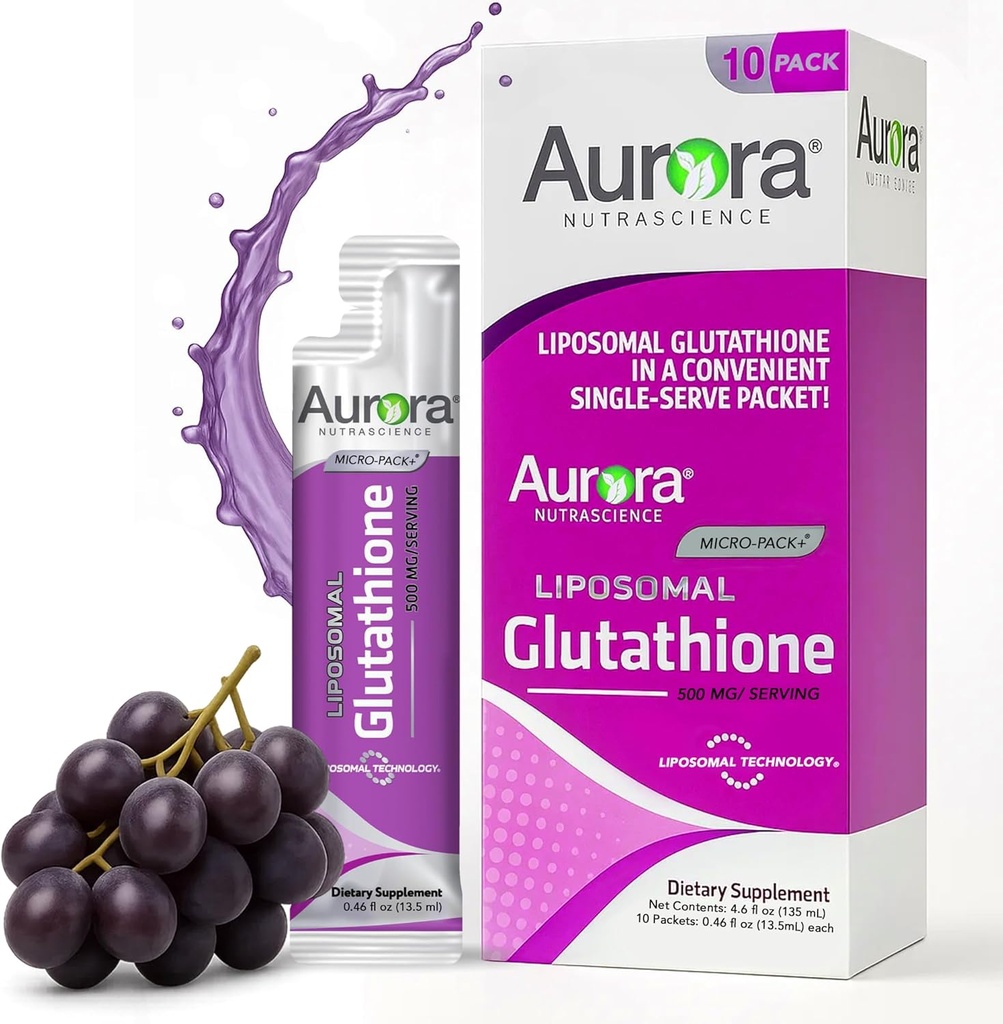 Aurora Nutrascience Micro-Liposomal flytende glutation, immun- og antioksidant Gut helsestøtte Supplement, 500 mg per servering, Glutenfri, Ikke-GMO, Sukkerfri, 10 enkeltserve pakker