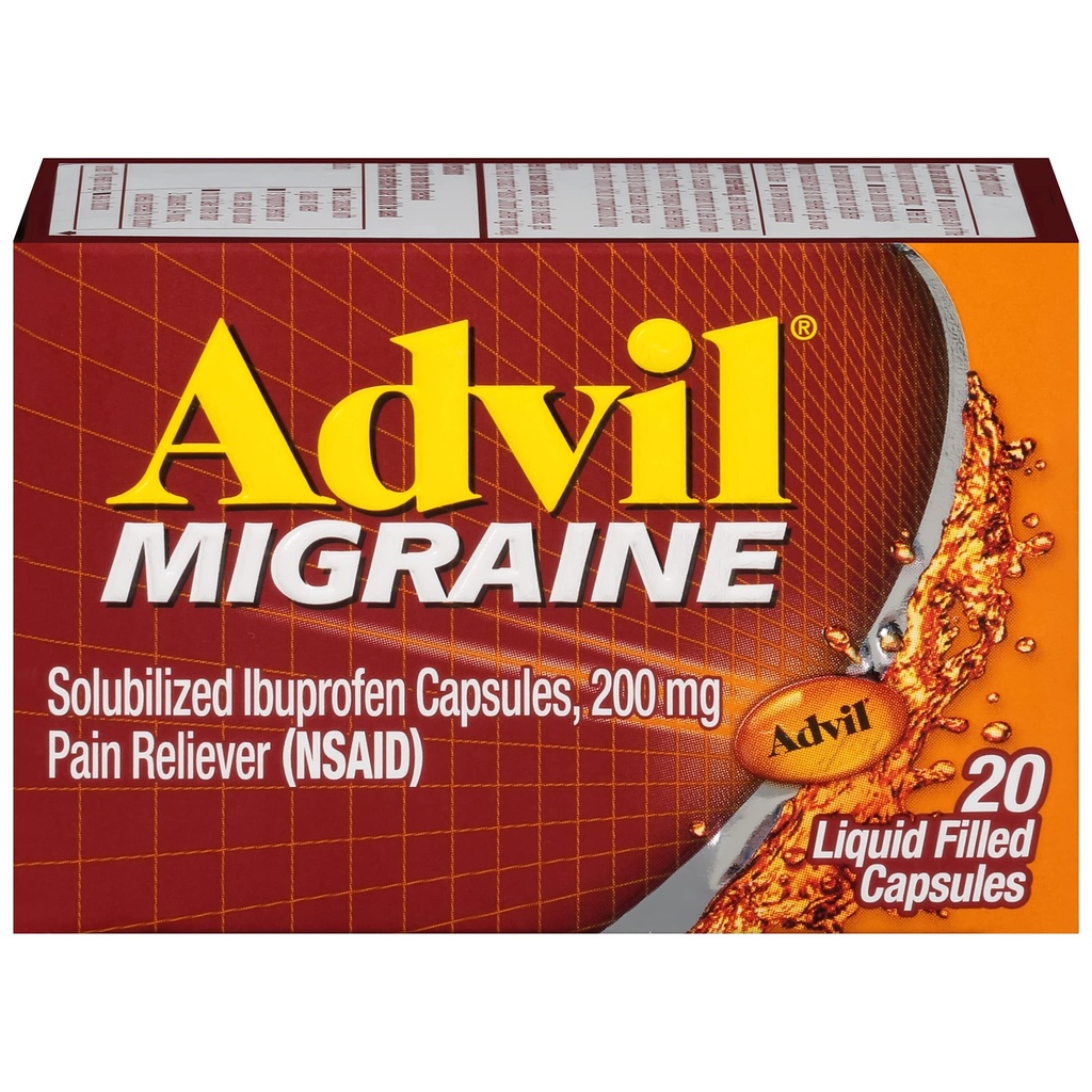 Advil Migrain hodepine Relief, Ibuprofen Kapsler med Ibuprofen 200 mg for Migrain Relief, nervøs lindring og lys følsomhet relief - 20 flytende fylte kapsler