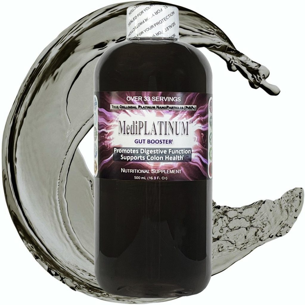 MediPLATINUM Gut Booster True Colloidal Platinum PtNP Næringstilskudd - 500 ml (16.9 fl Oz) i Clear BPA-fri plastflaske