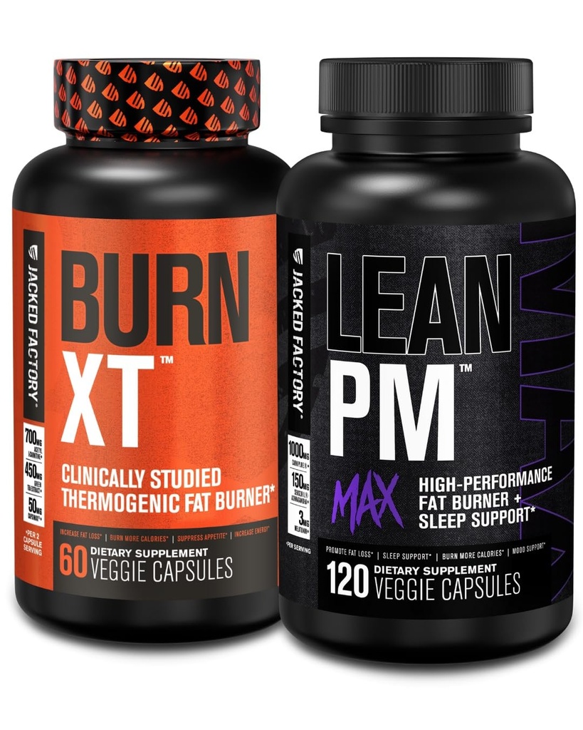 Jacked Factory Burn-XT klinisk studert termogen vekttap (60 kapsler) - Lean PM MAX søvnhjelp (120 kapsler) for Appetitt Suppression (180 kapsler)