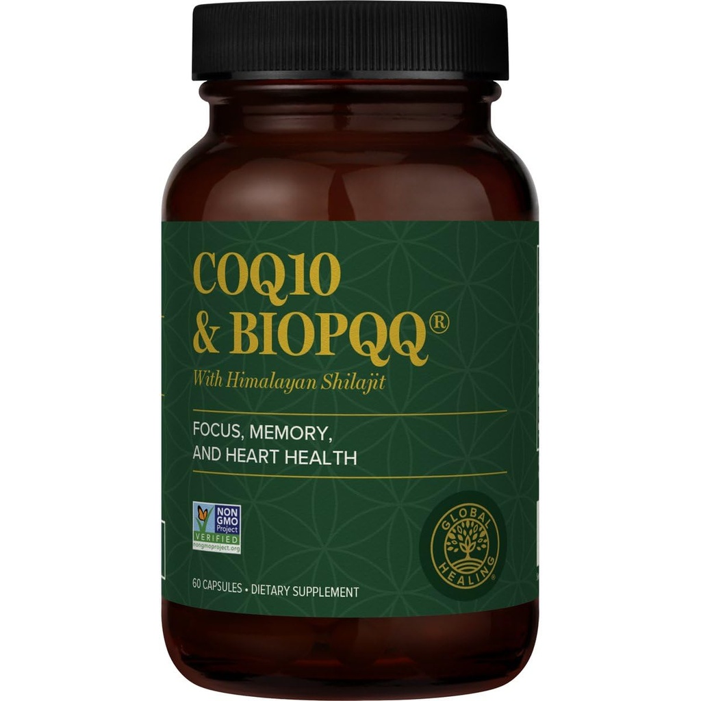 Global healing Center CoQ10 & BioPQQQ med ren Himalayan Organic Shilajit-Antioksidant omsorg for hjerte og hjerne helse,Mitochondia energioptimering for menn og kvinner-Coenzym Ubiquinon 150mg, 60 kapsler