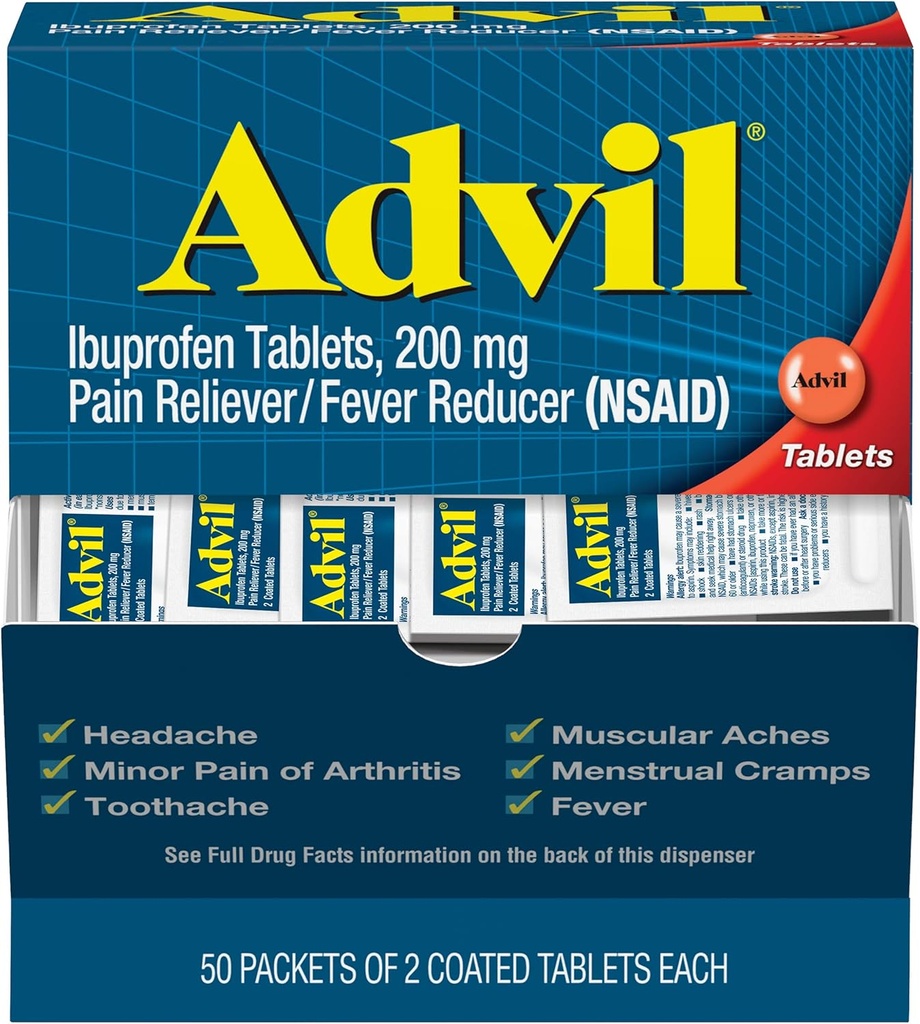 Advil Ibuprofen, 200 mg, 50 pakker med 2 belagte tabletter (pakke med 5)