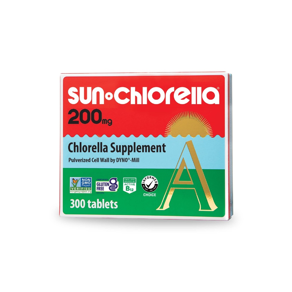 Sun Chlorella 200 mg Grønn Algae Superfood Supplement - pulverisert cellevegg - Klorofyll, CGF, aktiv B12, jern, protein - ikke-GMO - 300 Tabletter
