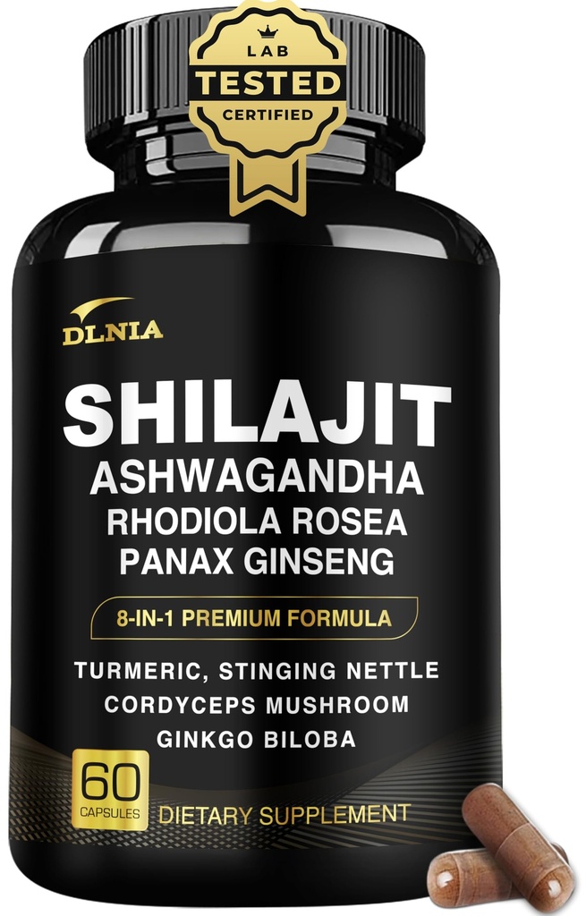 8-i-1 Shilajit for menn & kvinner med Ashwaganda Himalayan Organic Supplement med Rhodiola Rosea, Ginseng, Turmeric, Mushroom, for immunstøtte, energi, ro, fokus, klarhet, søvn, kortisol